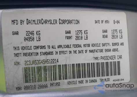 2005 Chrysler 300 Touring z USA, uszkodzony, nr VIN 2C3JA53G45H512214